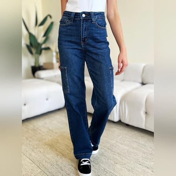 High-Rise Waist Cargo Pockets Denim Boyfriend Straight Leg Jean Pants Judy Blue - Picture 7 of 13